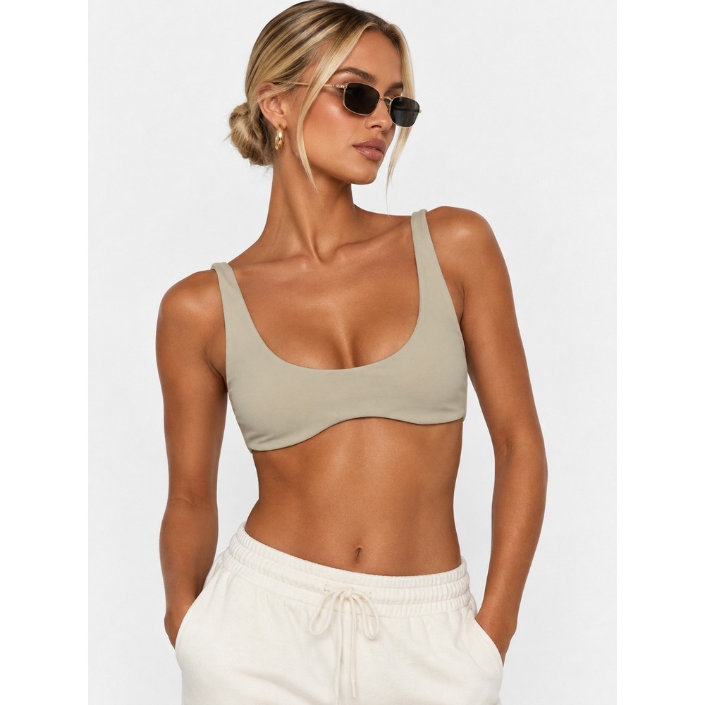 Joah Brown Contour Bra Beige Scoop Neck Crop Top Athleisure USA Made XS S